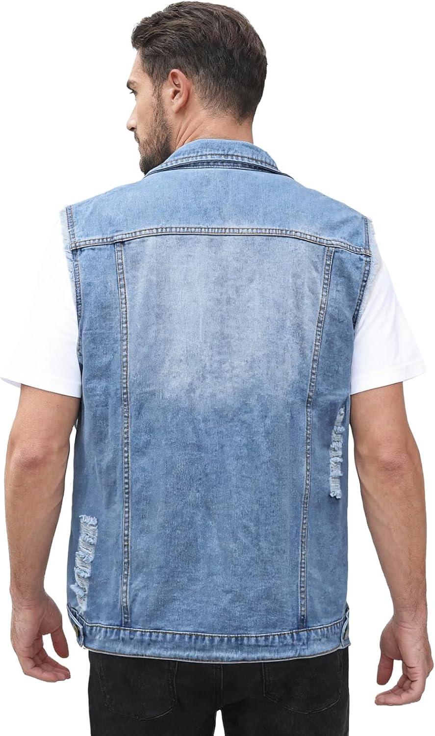 LONGBIDA Men's Denim Vest Casual Slim Fit Sleeveless Jacket Vintage Ripped Summer Jean Vests - Image 5