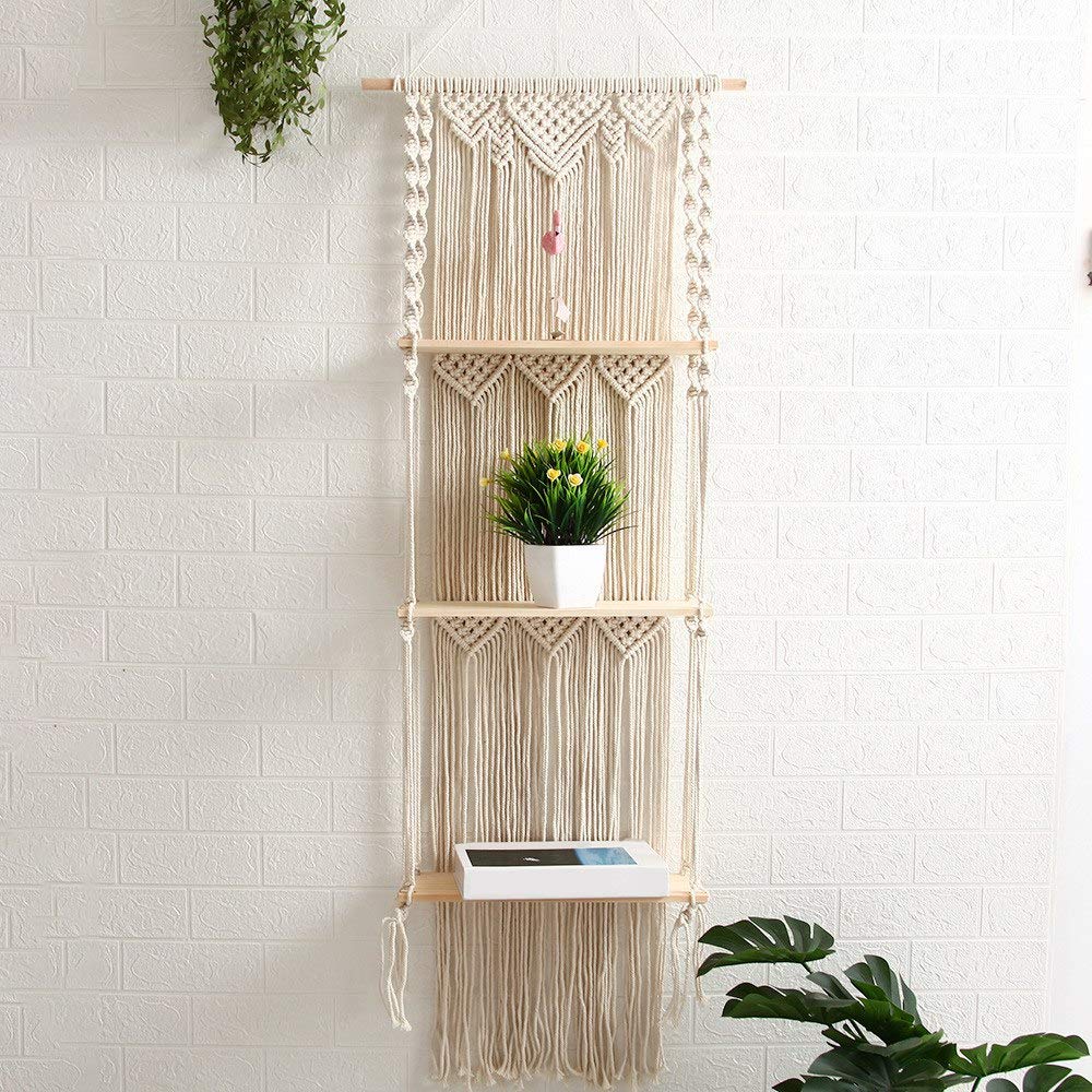 Jevina Boho Makramee Wandbehang Regal 3 Tier Handgefertigte Gewebte Quaste Organizer Regale Wand Schwimmende KleiderbüGel für Wohnkultur