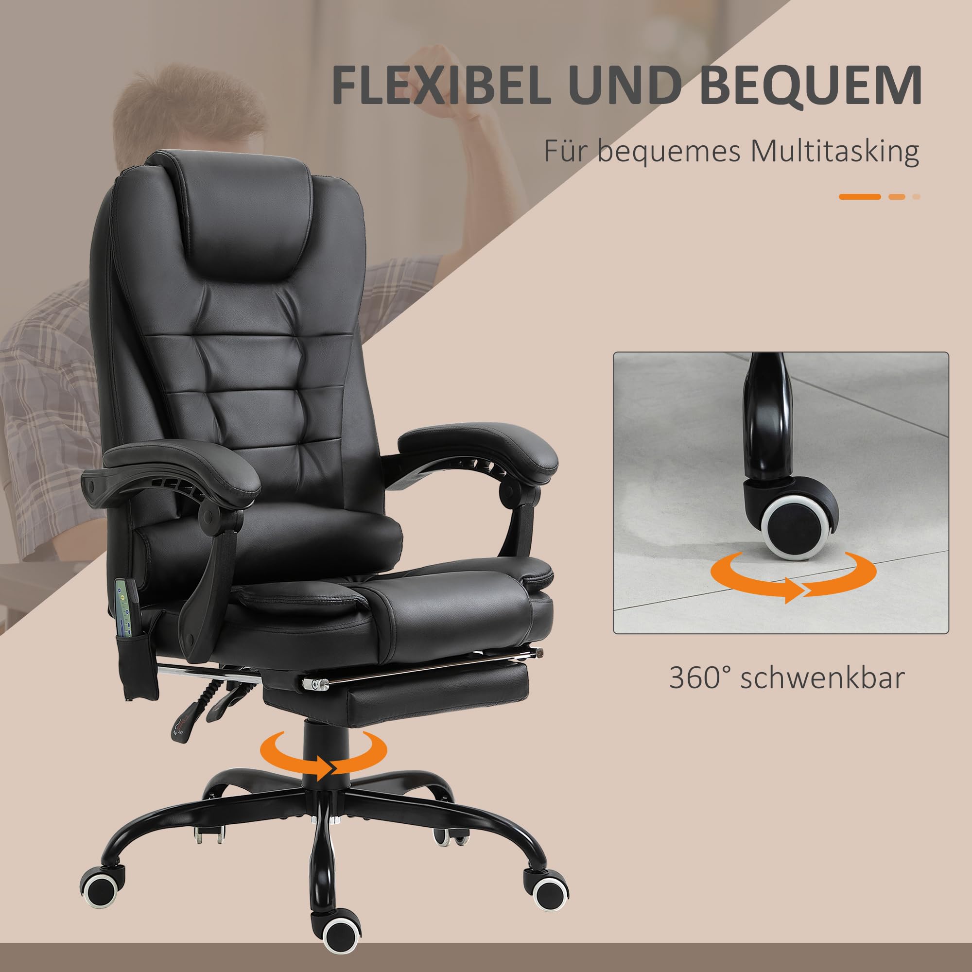 Vinsetto Massagesessel Chefsessel mit Integrierter Fußstütze höhenverstellbarer Drehstuhl mit 7 Massagepunkte Unterem Rückenpolster PVC Metall 67 x 79 x 111-121 cm Schwarz
