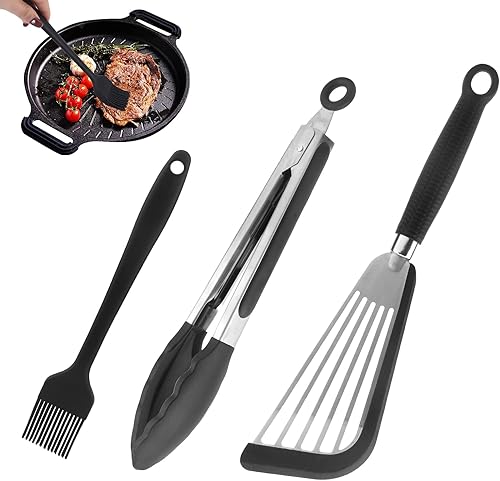 Miniatura 7 de Pinzas de cocina para cocinar, espátula de pescado y cepillo de aceite, pinzas de acero inoxidable con punta de silicona antiadherente, juego de 3