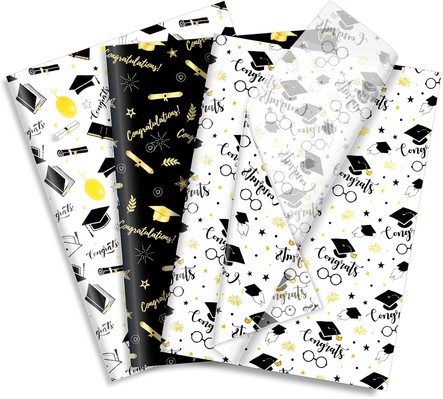 Konsait 75 Sheets Graduation Tissue Wrapping Paper, Black and Gold Tissue Paper for Gift Bags Grad Congrats Decorative Wrapping Papers Craft Supplies 19.7''×13.8''