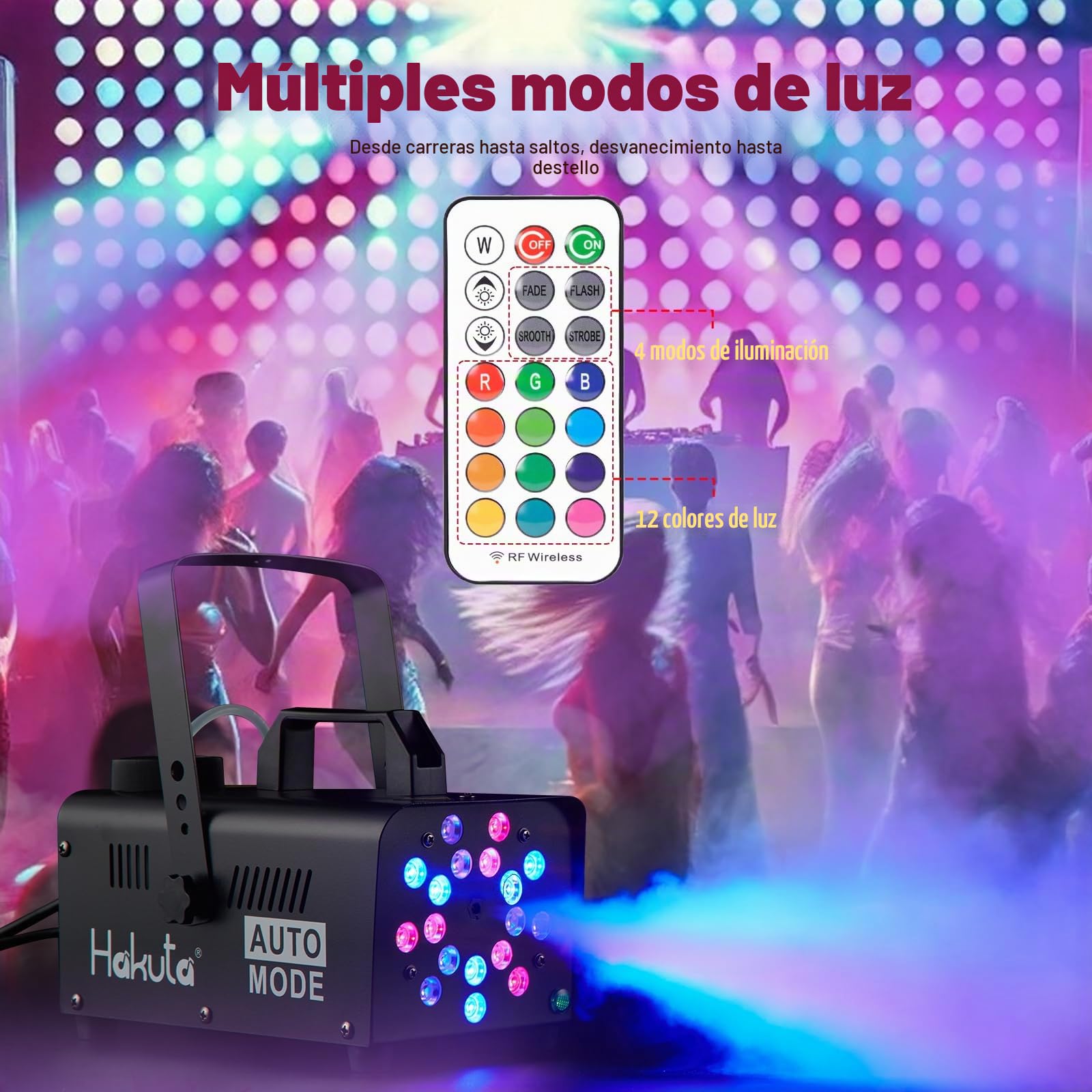Hakuta Máquina de Humo con 18 Luces LED, Máquina de Niebla Automática para Halloween, Bodas y Fiestas DJ con Modos Carrera