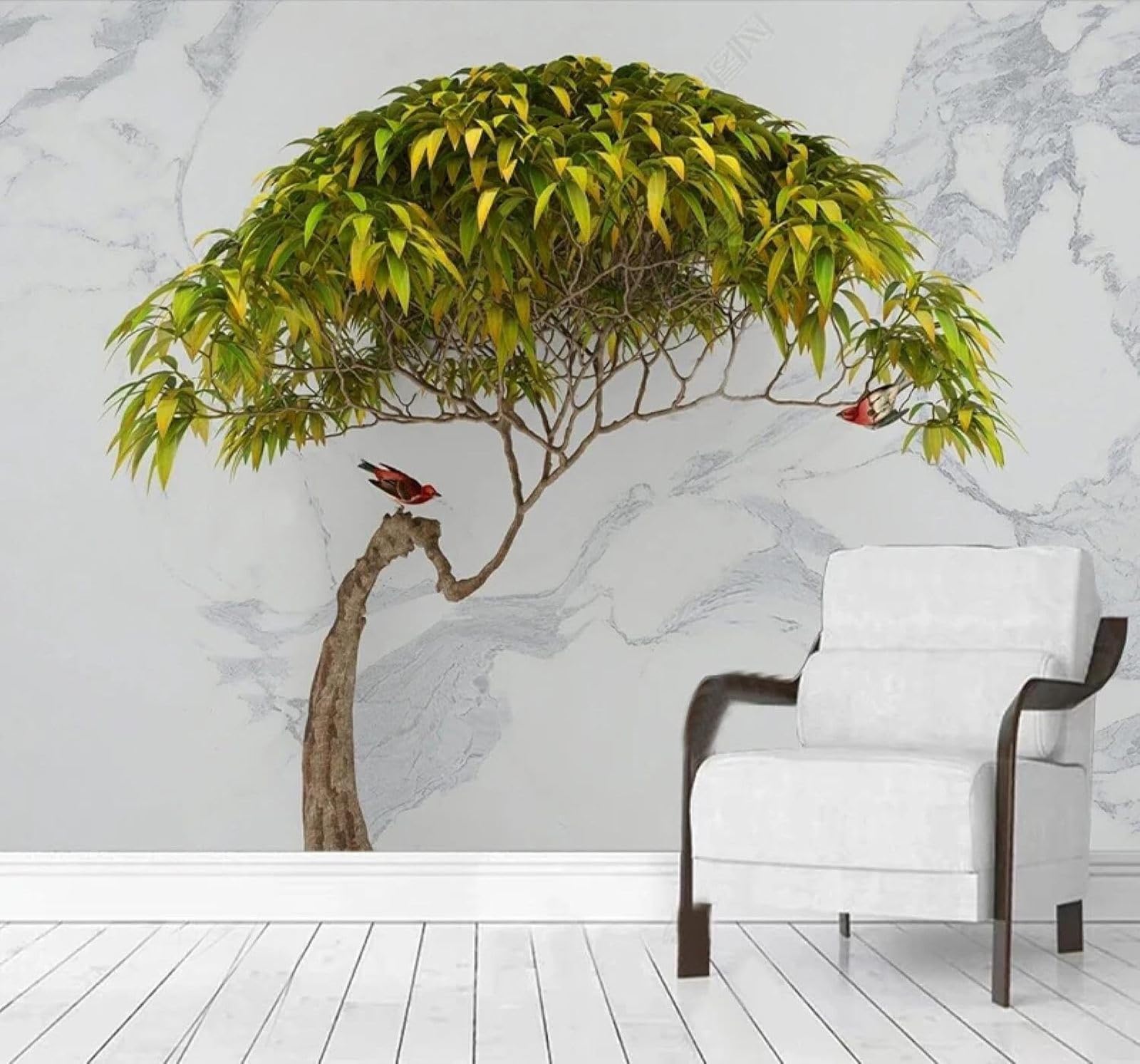 3D Carta Da Parati Rilievo Verde Alberi Uccelli E Fiori Finto Marmo