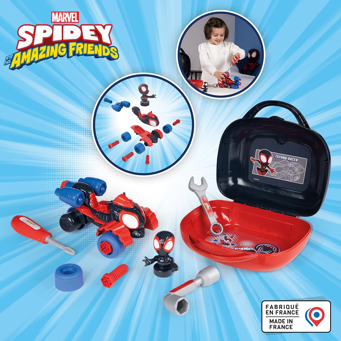 Smoby - Spidey - Spin Box - Miles Morales Tool Case - Screwdriver, Flat Wrench, Pipe Wrench, Screws, Wheels - Easily Transportable - From 3 Years - Made in France