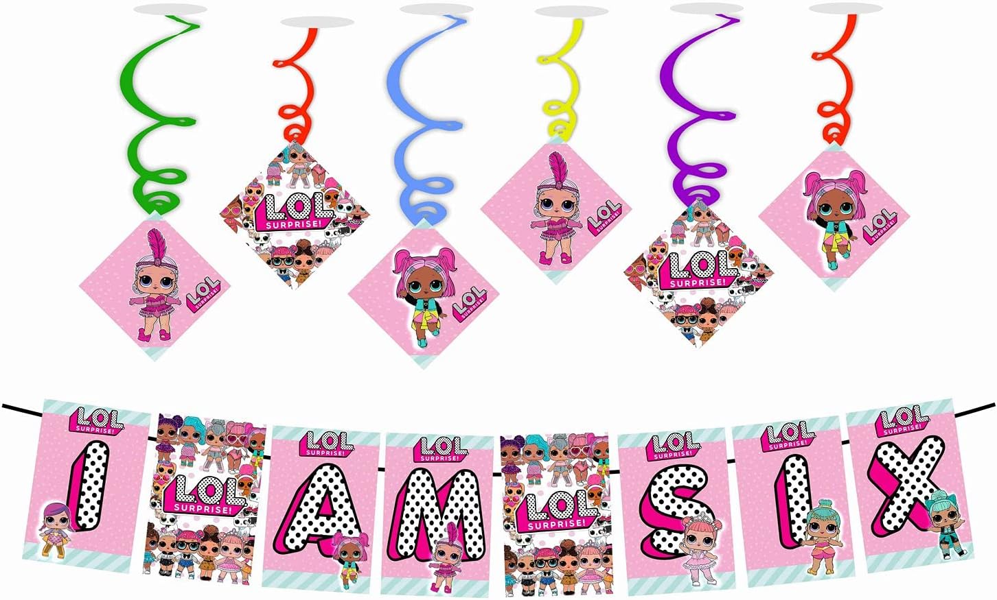 Balloonistics LOLO Surprise Theme Birthday Banner and Swirls Combo Hanging for Decoration Photo Shoot Backdrop and Theme Party 1 Nos Banner and 6 Swirls (6th Birthday)
