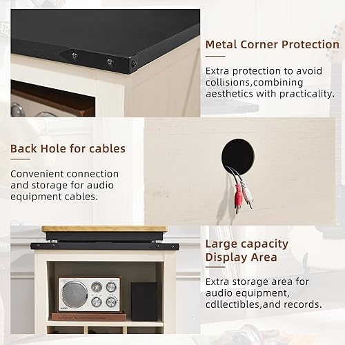 Miniatura 6 de Soporte para tocadiscos con almacenamiento de discos de vinilo, mesa blanca con capacidad para hasta 160 álbumes, soporte giratorio de madera grande