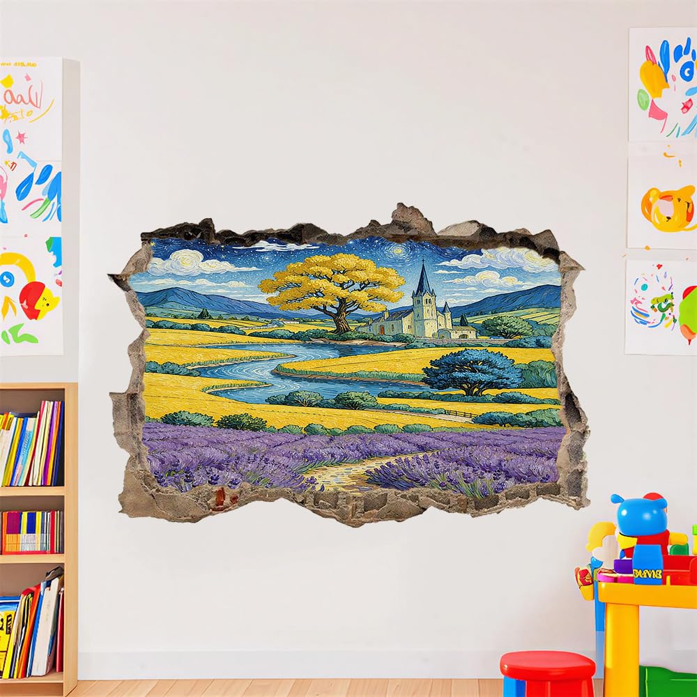 3D Wandtattoo Wanddurchbruch Wandaufkleber, Lavendelfelder Wandsticker Wanddeko Wandbilder, Baumburg-Landschaft Wandaufkleber Für Schlafzimmer Badezimmer Flur Küche Möbel Aufkleber