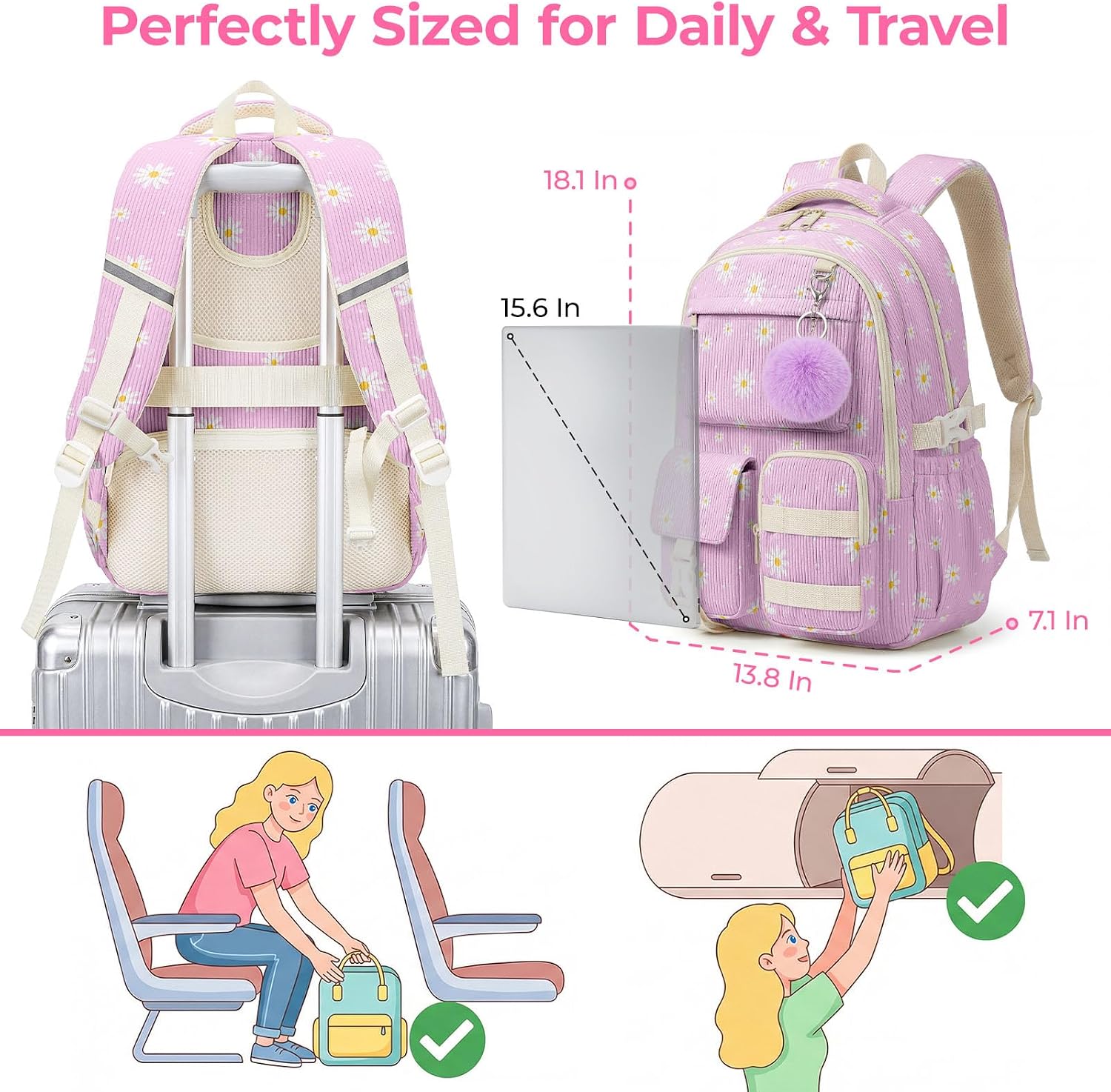 Corduroy Backpack for Teen Girls, Aesthetic Cute Purple Flower School Backpack with Multi-Pocket, Lightweight Bookbag Fits 15.6 Inch Laptop, Large Capacity Casual Daypack for School Travel