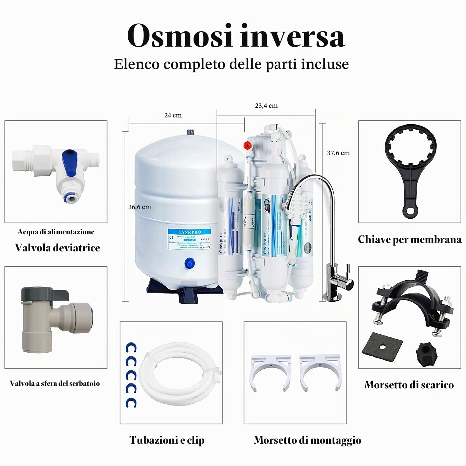 Geekpure Sistema di filtraggio per acqua potabile osmosi inversa 4 stadi - Membrana certificata NSF 100 GPD