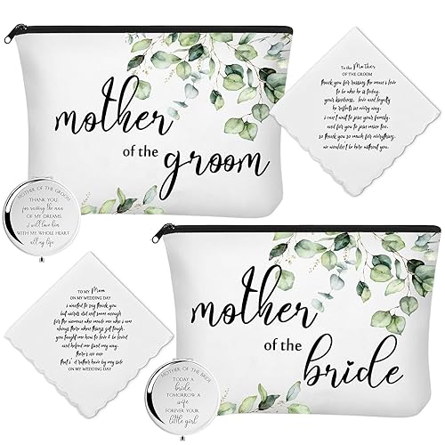 Paquete de 6 regalos para madre de la novia, juego de regalos para madre del novio, incluye 2 hojas, bolsa de cosméticos, 2 espejos de maquillaje, 2