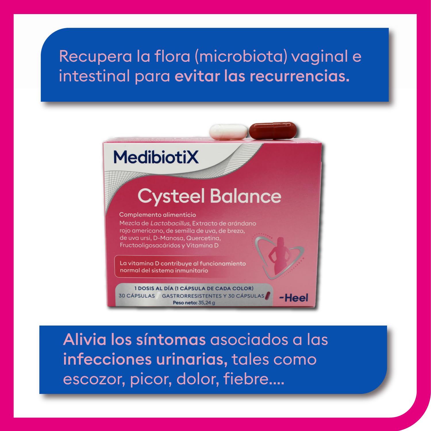 MBX Cysteel Balance Heel – Probióticos y Prebióticos + D-Manosa y Arándano Rojo – Bienestar Urinario y Salud Íntima Femenina – Cápsulas Gastrorresistentes de Alta Absorción – 30 + 30 Cápsulas