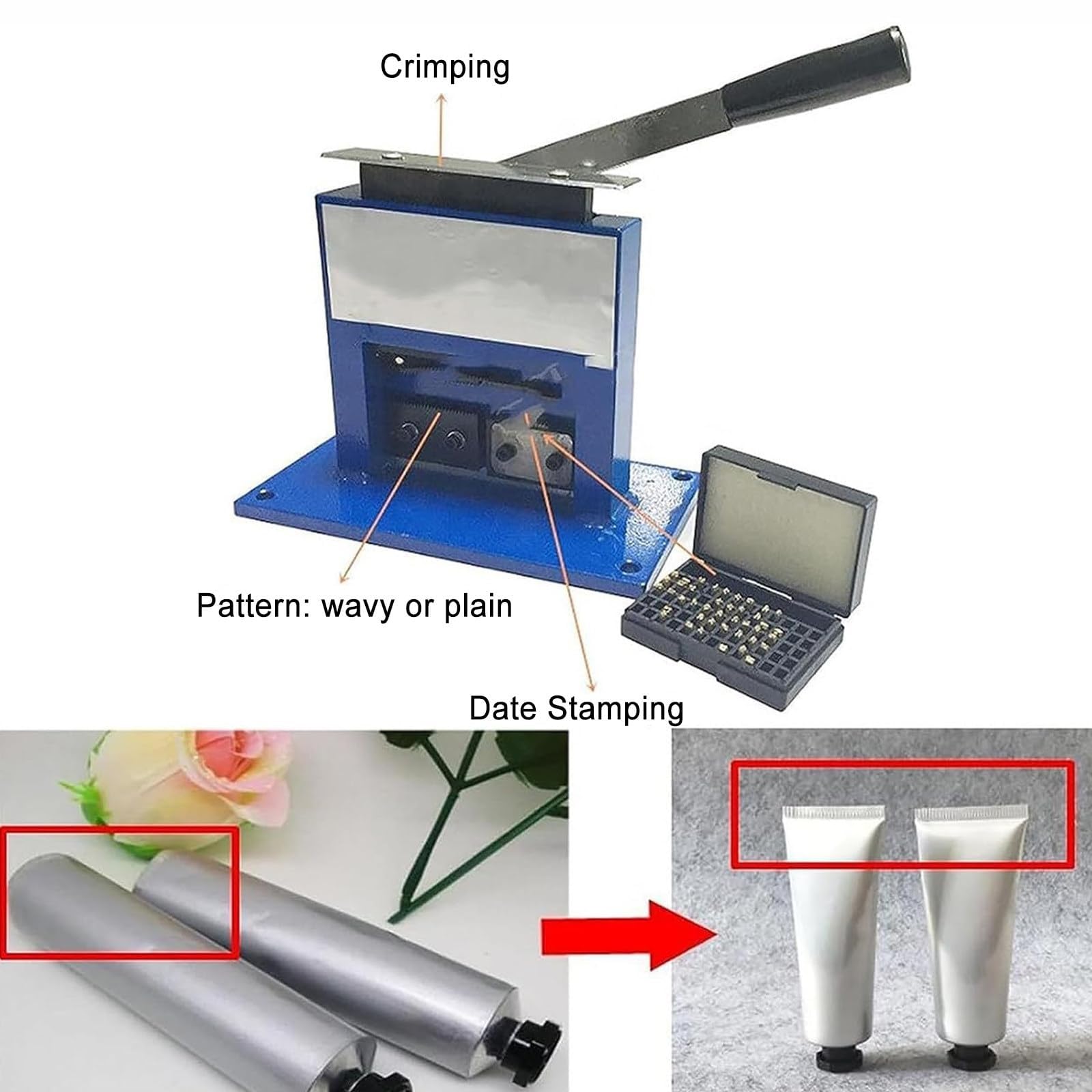 Máquina prensadora manual de selladora de mangueras, abrazadera de sellado de tuberías de aluminio manual con codificador de números de letra para envasado de cremas y pastas cosméticas