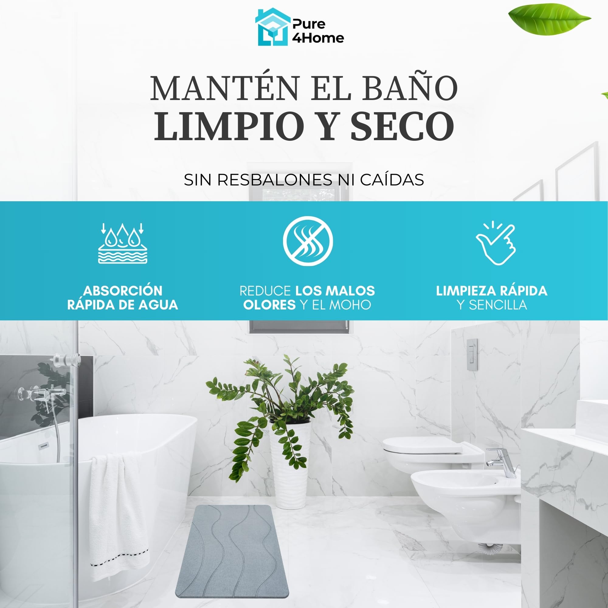 Pure 4Home Alfombra Diatomita Baño 60x40 – Secado Rápido, Antideslizante y Antibacteriana – Alfombrilla Piedra Diatomita Super Absorbente – Alfombrilla Diatomita - Stone Bath Mat (Grey Waves) — view 5