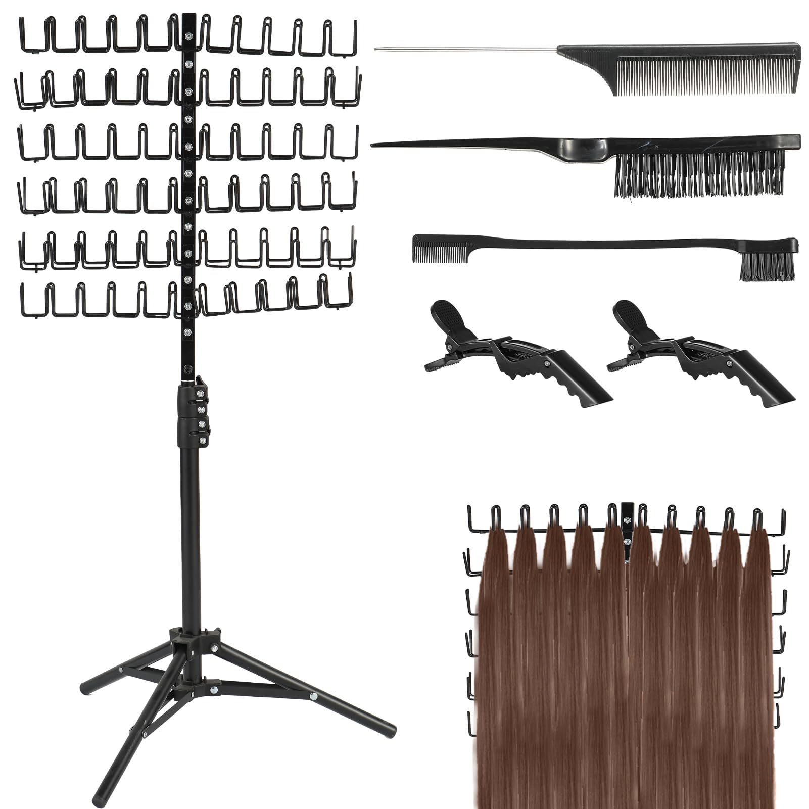 144 Pegs Braiding Hair Rack Standing Extension Holder Hanger Height Adjustable Braiding Hairs Stand for Hair Braiding Rack with Stylist Hair Braiding Tools for Stylists Black