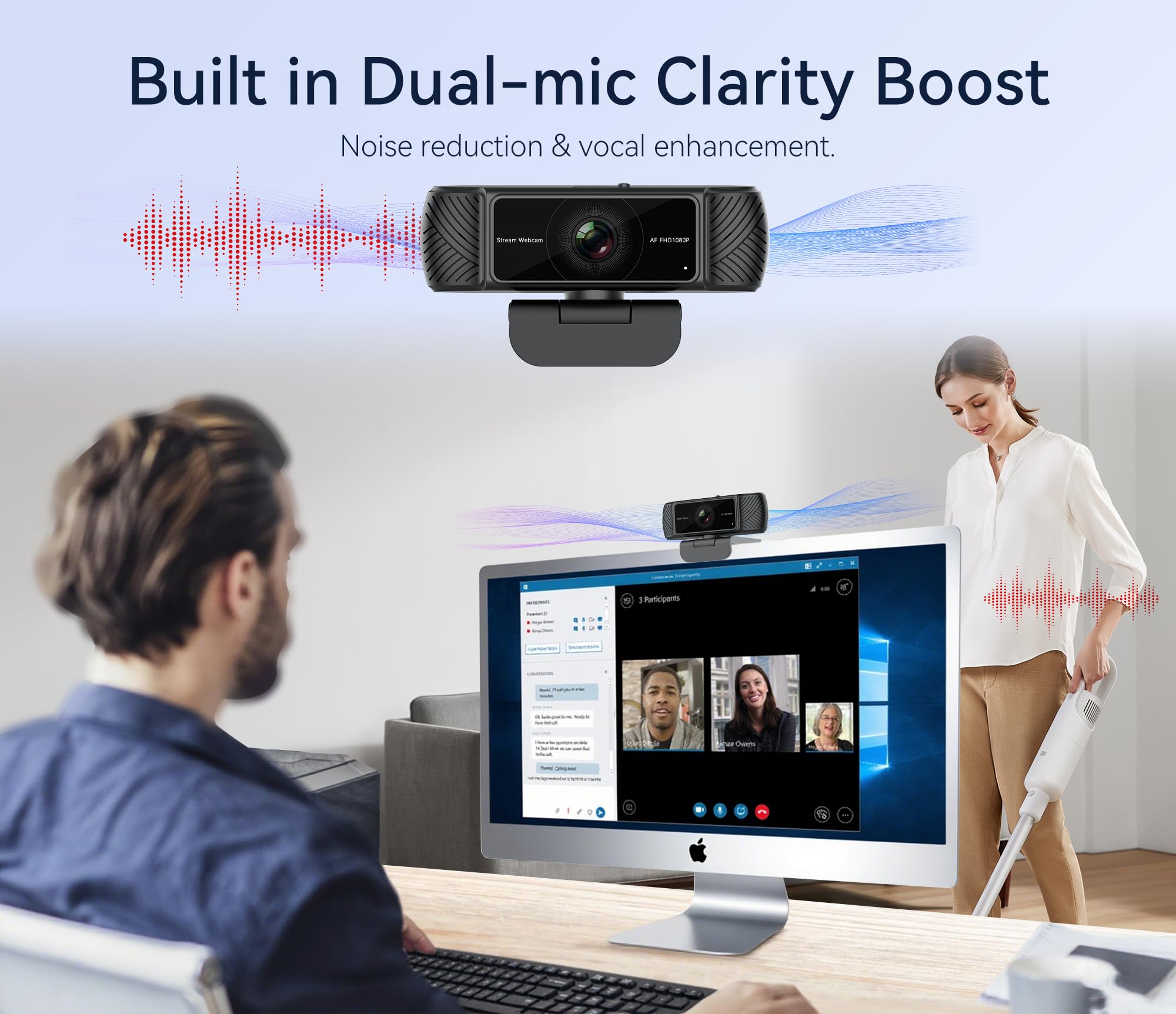 Streaming Webcam for PC - 1080P HD Webcam with Microphone, Privacy Cover, AutoFocus, Noise Cancellation, Auto Light Correction, USB Computer Web Camera, Plug and Play, for Laptop, Desktop, Mac