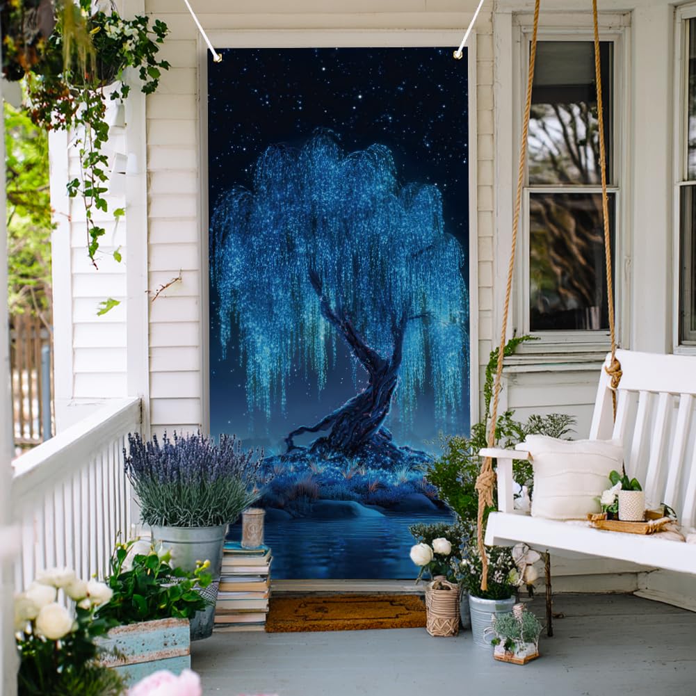 arricraft 1pc Polyester Door Decorative Cover, Blue Glowing Willow Tree Patterns Backdrop Banner Front Door Porch Sign Photography Background for Home Party Porch Decor 72.8x35.4 Inches
