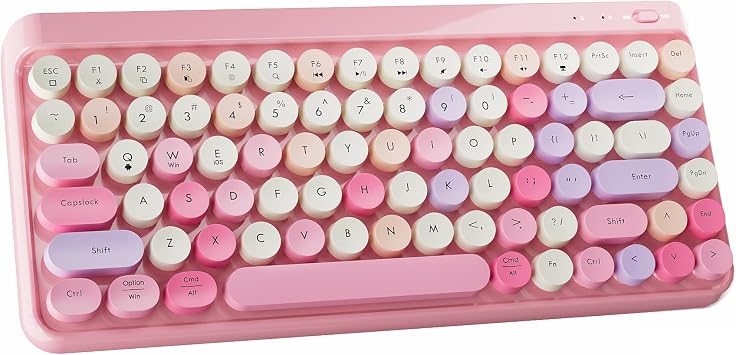 Wireless Bluetooth TKL Keyboard with 84 Retro Round Keycaps, Typewriter-Style, for PC/Mac/Tablets Pink-Colorful
