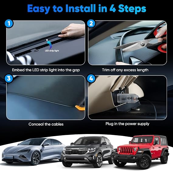 GPJYD LED Lights for Car Windscreens, 150cm RGB Ambient Lighting Car LED Interior Lights with 16 Million Colours, Noise Reduction and Intelligent Control Dashboard LED Strip for Car Windscreens.