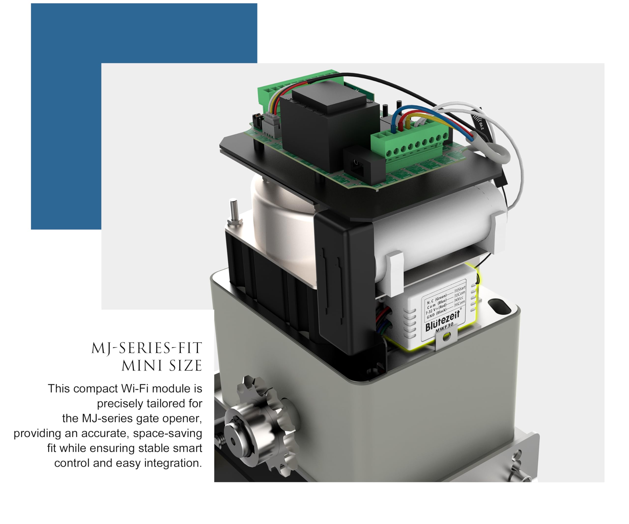 Blütezeit Moduł WiFi do otwierania bram przesuwnych MJ (MJ300/MJ400) - Smart App Control, kompatybilny z Alexa/Google/Siri, 2,4 GHz, obsługuje dodatkowe akcesoria 433 MHz, cykl z jednym przyciskiem