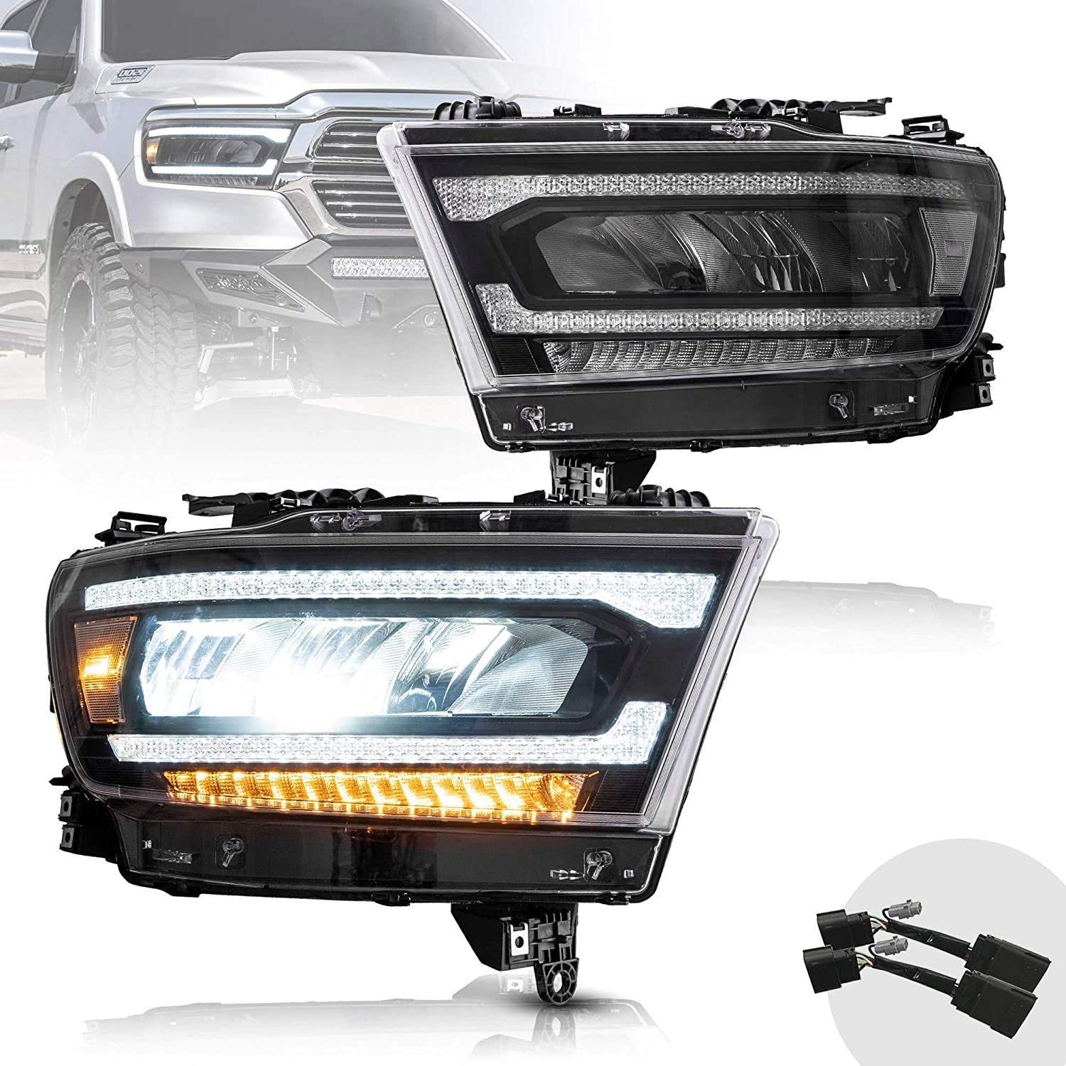 VLAND Reflektory kompatybilne z 2019-2023 Do-dge Ram 1500 Tradesman, Bighorn, Laramie, Rebel przednie reflektory, para (strona kierowcy i pasażera)