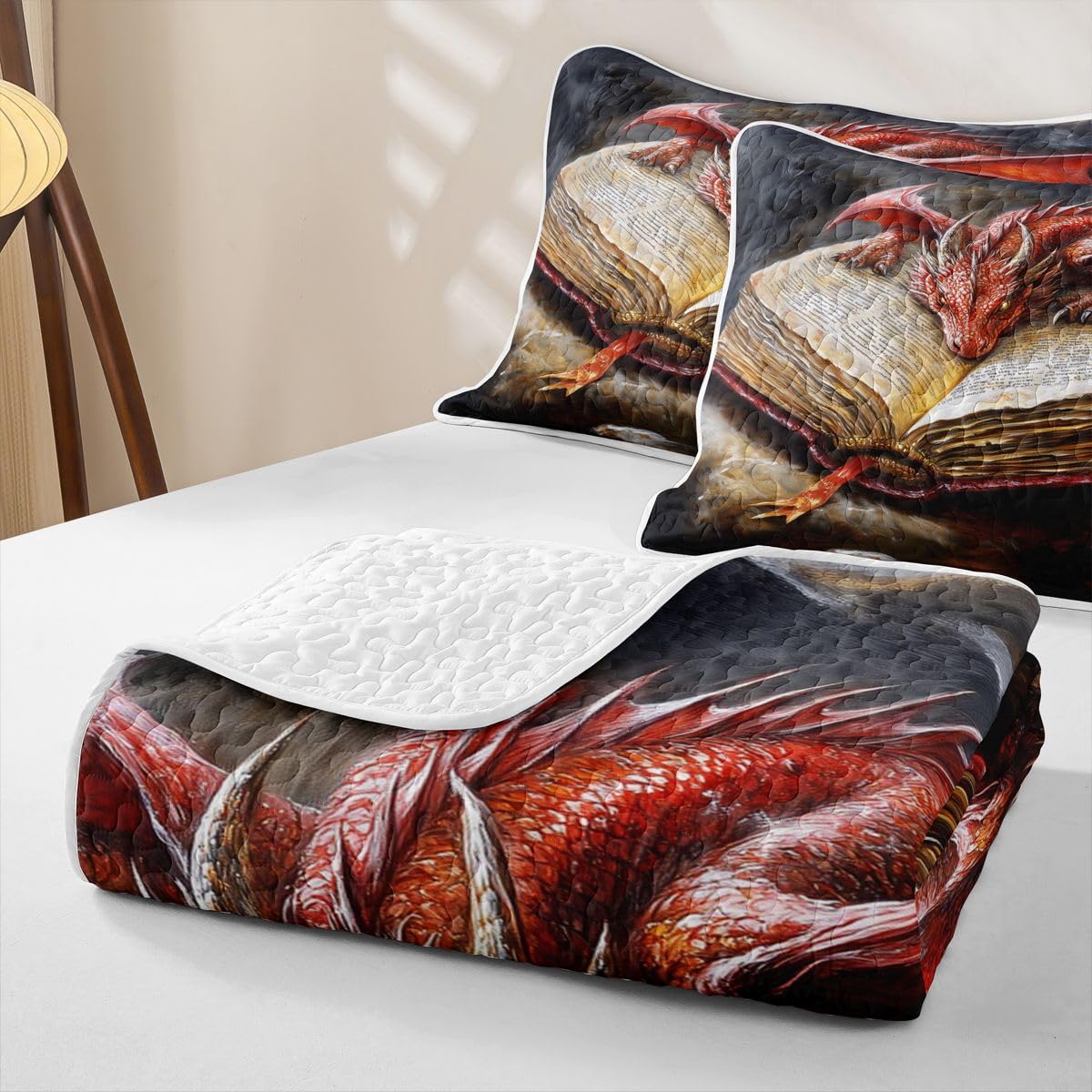 Homewish Western Red Dragon podwójna kołdra zestaw 3-częściowy | Western Animal egzotyczna narzuta na łóżko całoroczne retro książki nadruk narzuta zestaw elegancki styl pikowana pościel