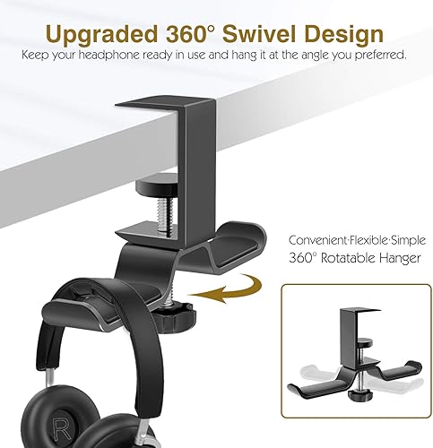 Miniatura 4 de MoKo Soporte para auriculares, soporte de aluminio giratorio de 360 para auriculares debajo del escritorio, soporte para auriculares con abrazadera