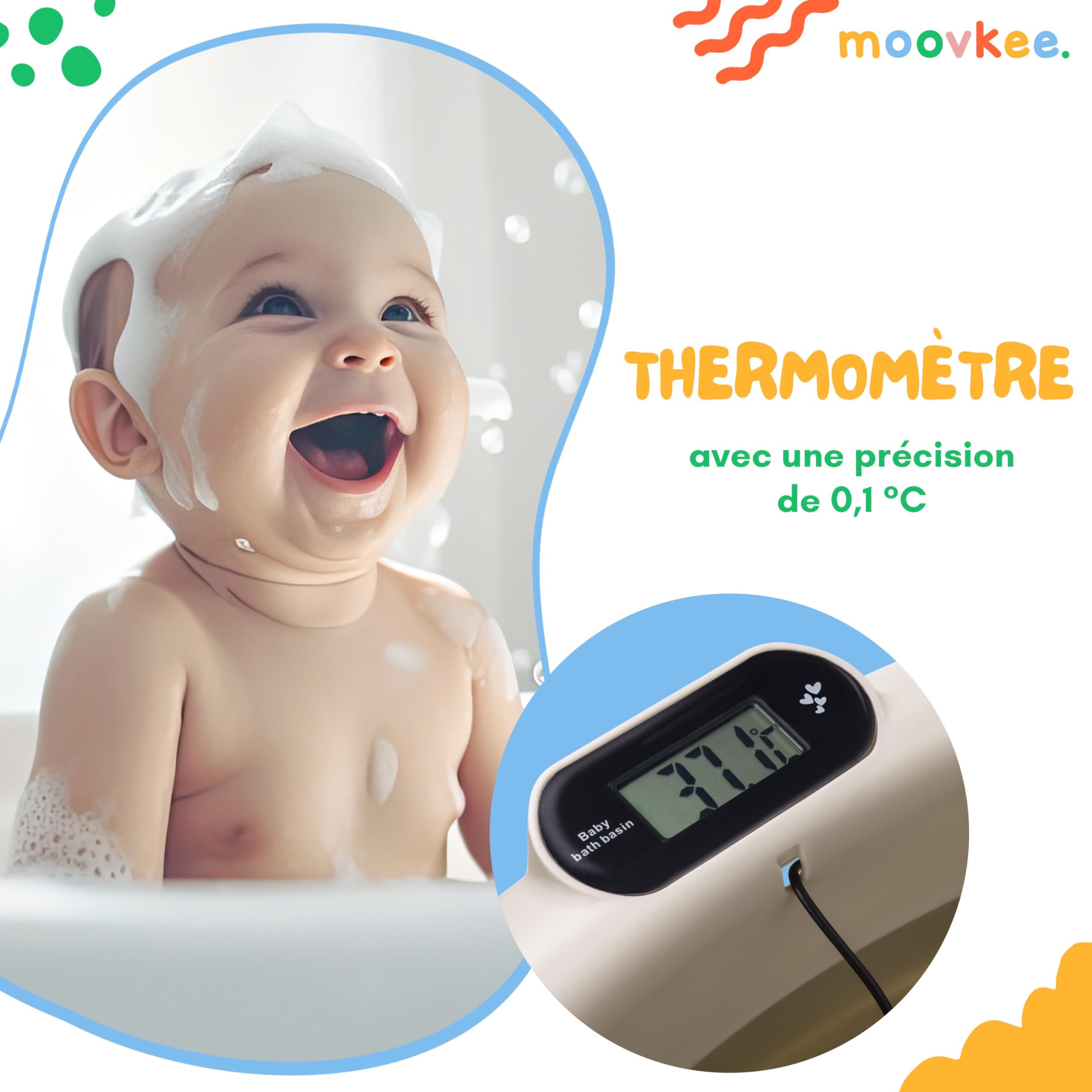 Baignoire bébé pliable 80 cm avec thermomètre et siège de bain antidérapante 0-36 mois