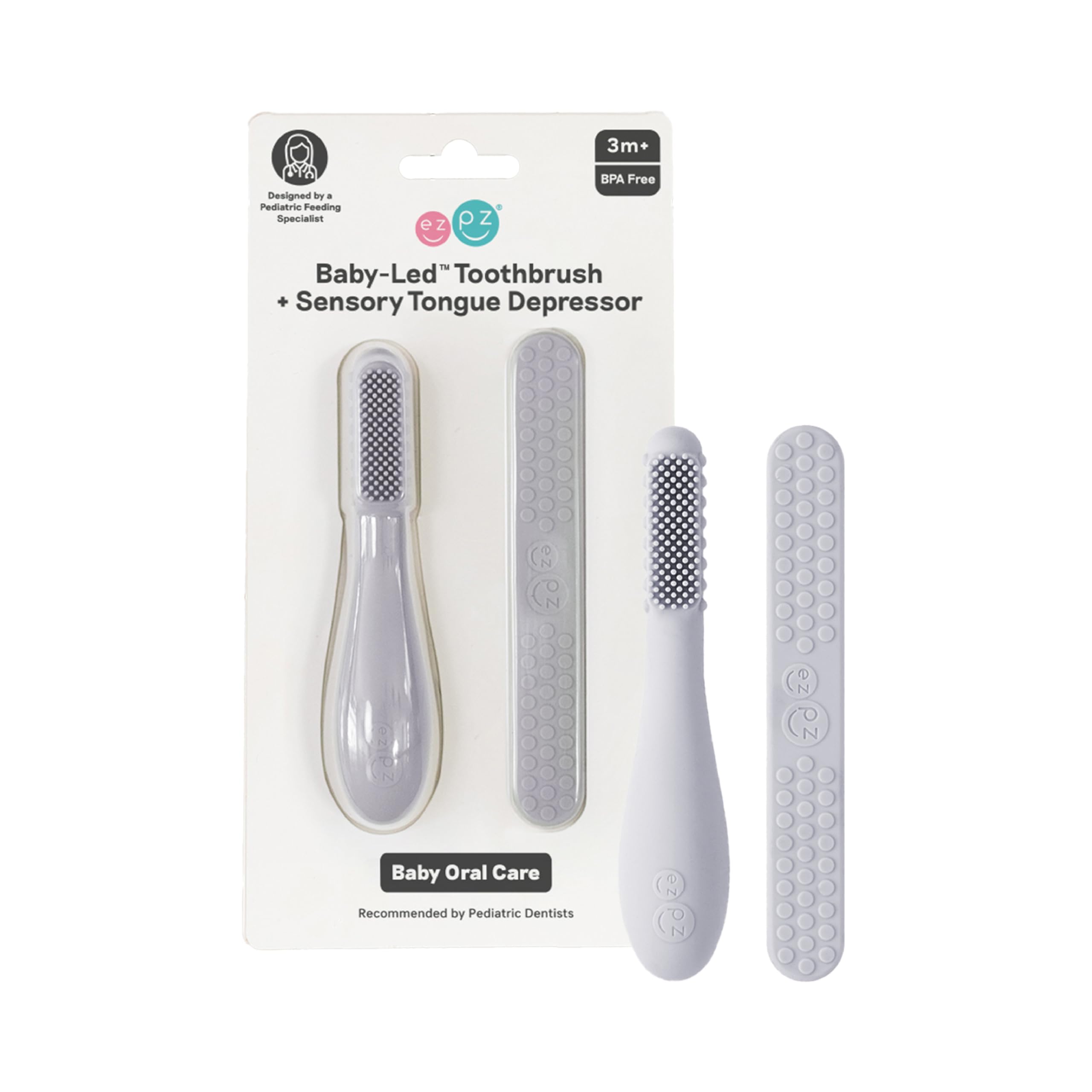 ezpz Baby-Led Toothbrush + Tongue Depressor Dual Pack (Pewter) - 100% Silicone Toothbrush + Silicone/Stainless Steel Tongue Depressor - Helps Set-up Infants for a Healthy Oral Care Routine