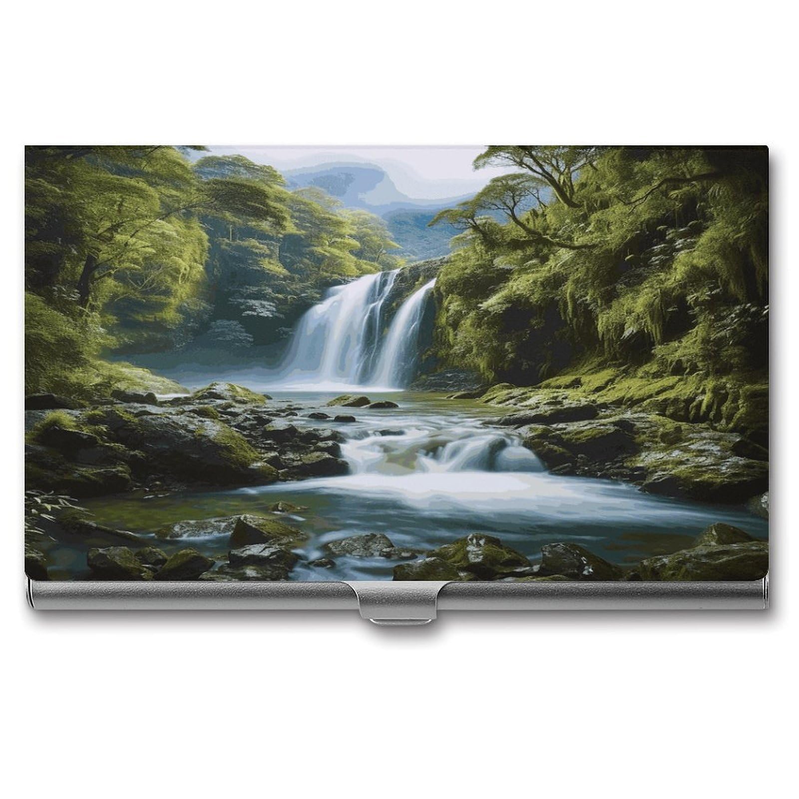 LDGSUPH Waterfall Landscape Painting Business Card Holder Fashion Slim Name Card Holder Minimalist Design Case Metal Card Carrier Personalized Business Card Case with Flip for Men Women