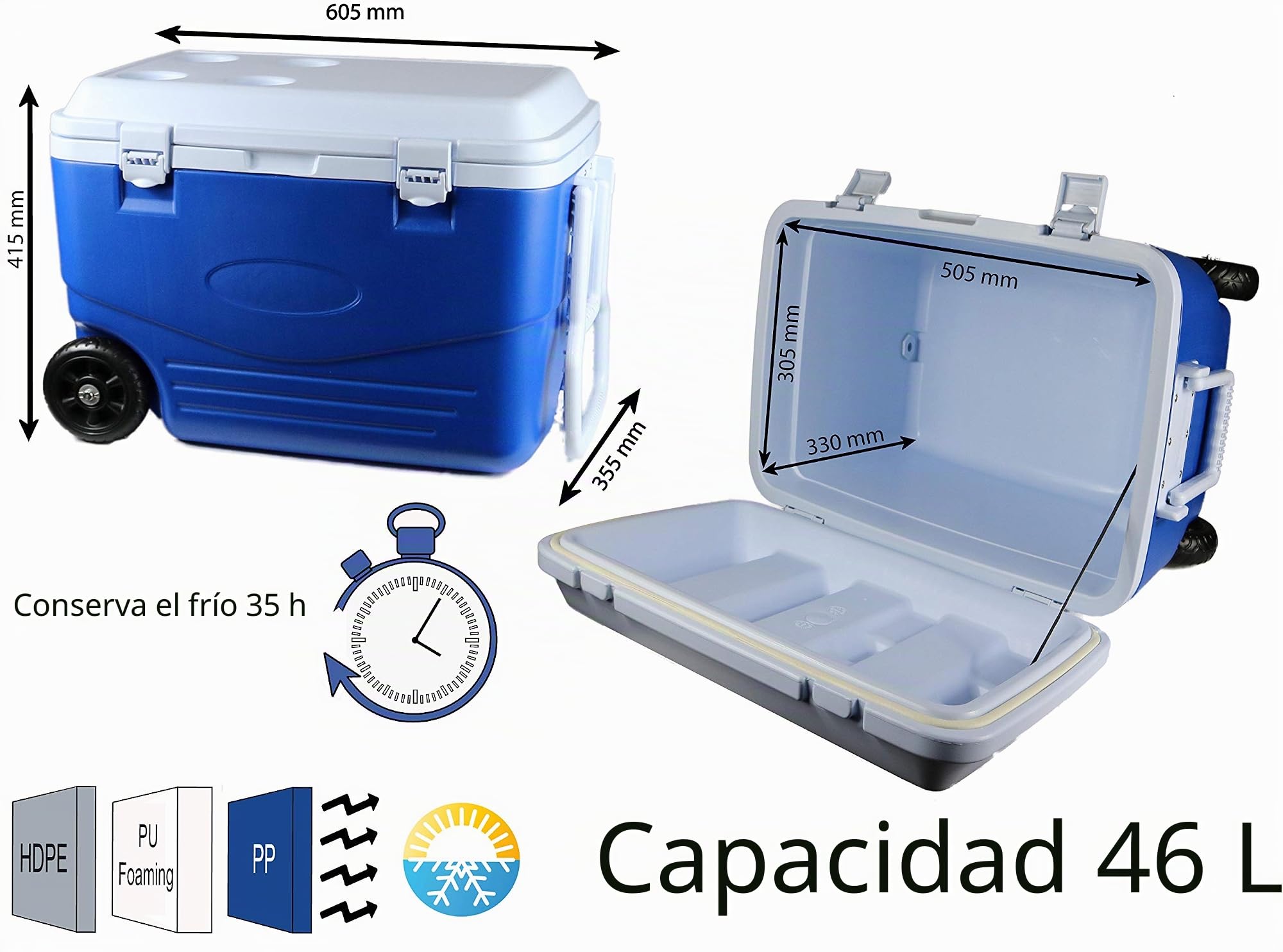 Refrigerador rígido 46 litros, 60,5 x 35,5 x 41,5 cm, Azul/Blanco