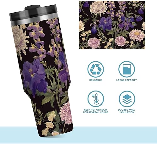 Miniatura 8 de Garden Daisy - Botella de agua reutilizable al vacío para niños con tapa y pajita, taza de café decorativa de 40 onzas para agua, té helado o café,