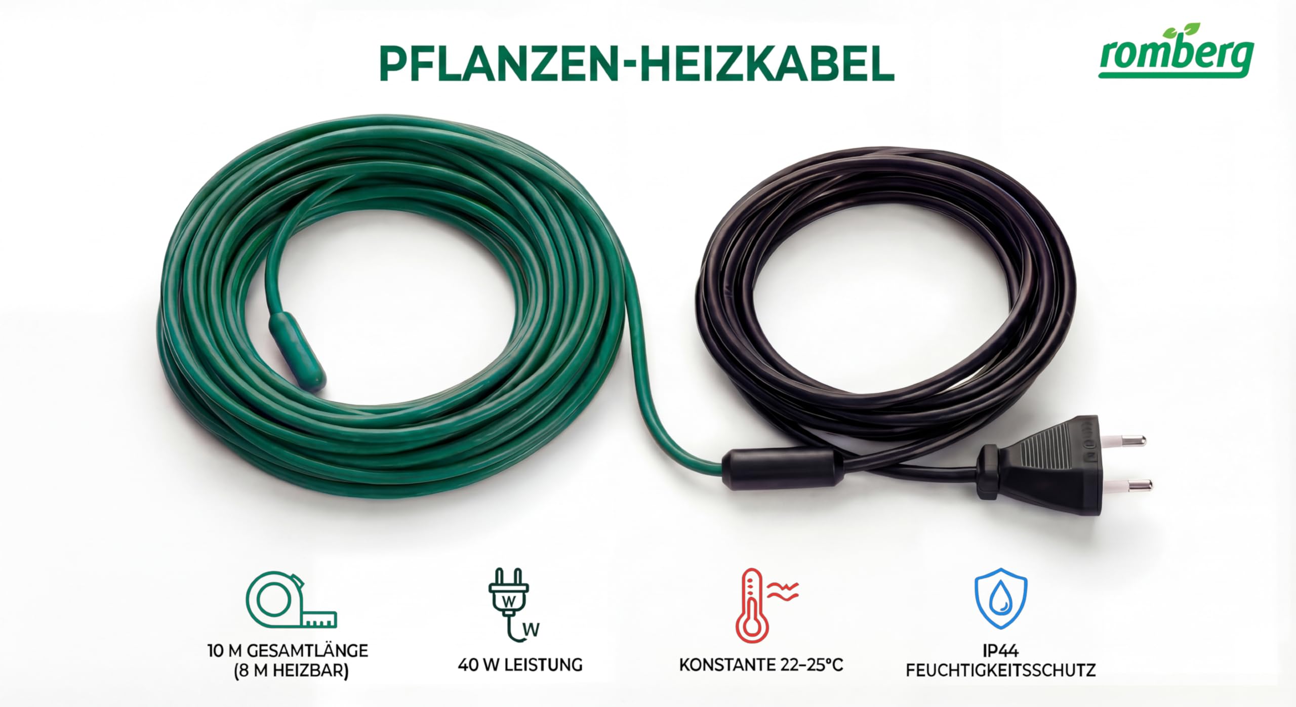 Romberg Pflanzenheizung Heizkabel L 10 m (8 m heizbar), 40 W, Winterschutz für Kübelpflanzen, Wurzeln & Pflanzentriebe, Gewächshausheizung 22–25°C, ideal für Terrarium, Palmen & Zimmergewächshaus