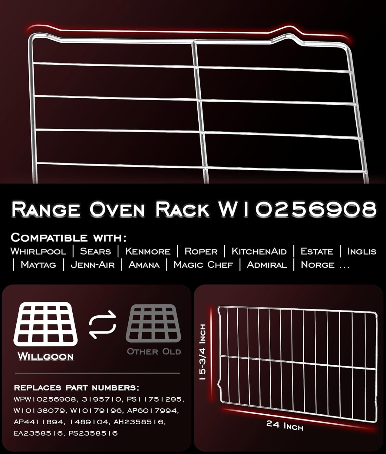 New Upgraded W10256908(24 x 15-3/4 Inches)Oven Rack Replacement for Whirlpool Range Stove Oven Parts, Replaces W10138079, 3195710, W10179196, 304 Stainless Steel, 2Pcs
