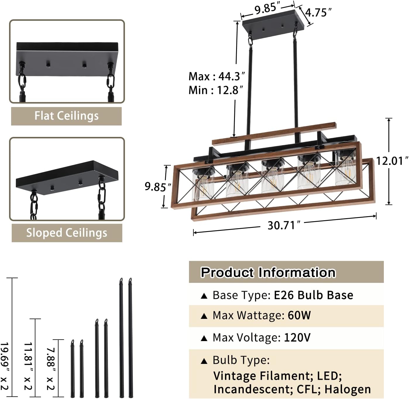 MELLCOM Wooden Kitchen Island Lighting, 5-Light Farmhouse Dining Room Light Fixture with Glass Shades & Adjustable Rods, 31" UL Listed Rectangular Chandelier for Dining Room, Living Room, Kitchen.