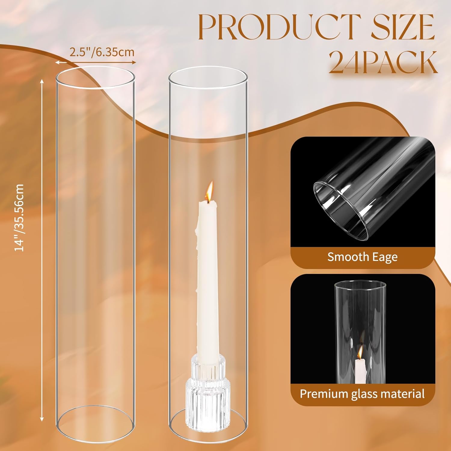 24 PCS Clear Glass Hurricane Candle Holder Sleeve,D:2.5" H:14" Bottomless Cylinder Glass Candleholder, Open Flame Candle Chimney Tube Cover,Open Ended Candle Shade - Image 3