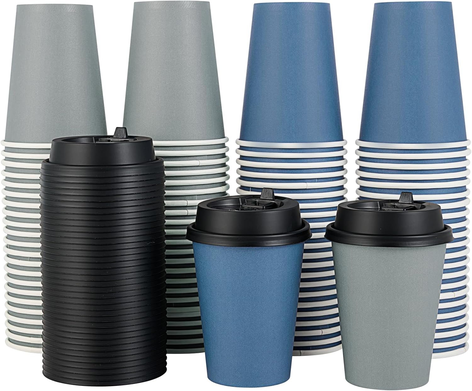 LITOPAK 100 Pack 12 oz Disposable Paper Coffee Cups with Lids for Coffee, Water, Juice, or Tea, Blue and Gray Hot Paper Cups for Home, Restaurant, Store, and Cafe 12oz bule and gray