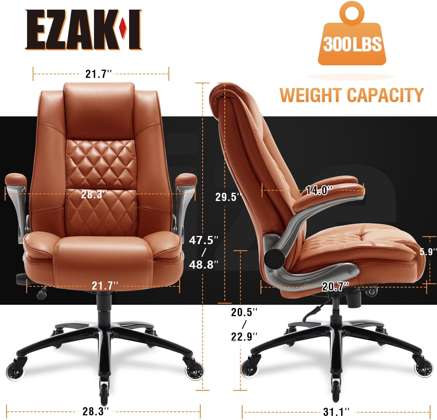 EZAKI High Back Office Chair-Flip-up Arms Executive Computer Desk Chair, Built-in Lumbar Support Thick Padded Adjustable Rock Tension Ergonomic Design for Back Pain Gold Brown