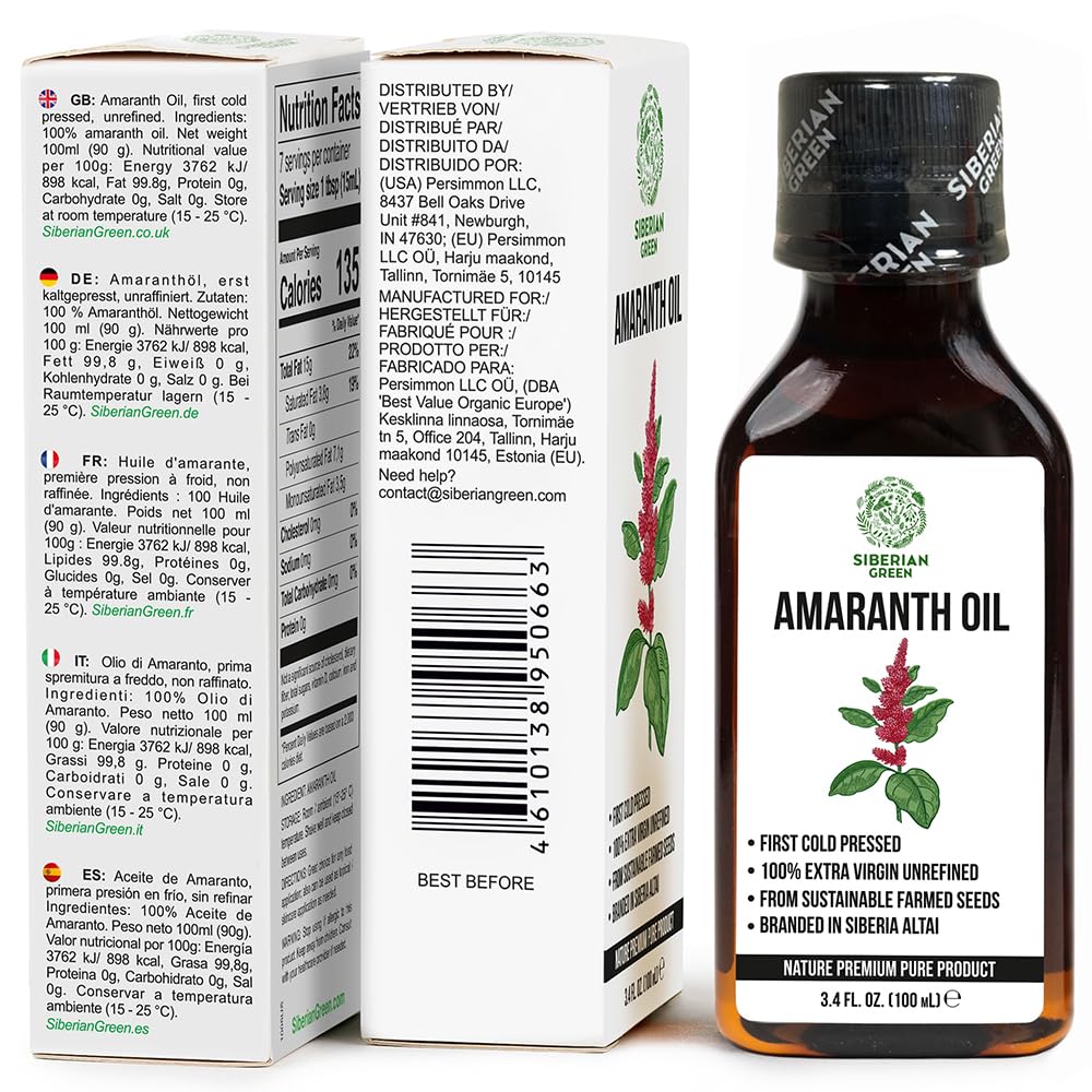 Olio Amaranto Siberiano | Naturale Extra Vergine Pressato a freddo 100 ml / 3,4 fl oz | Non raffinato grezzo Vegano No-GMO | Squalene esclusivo