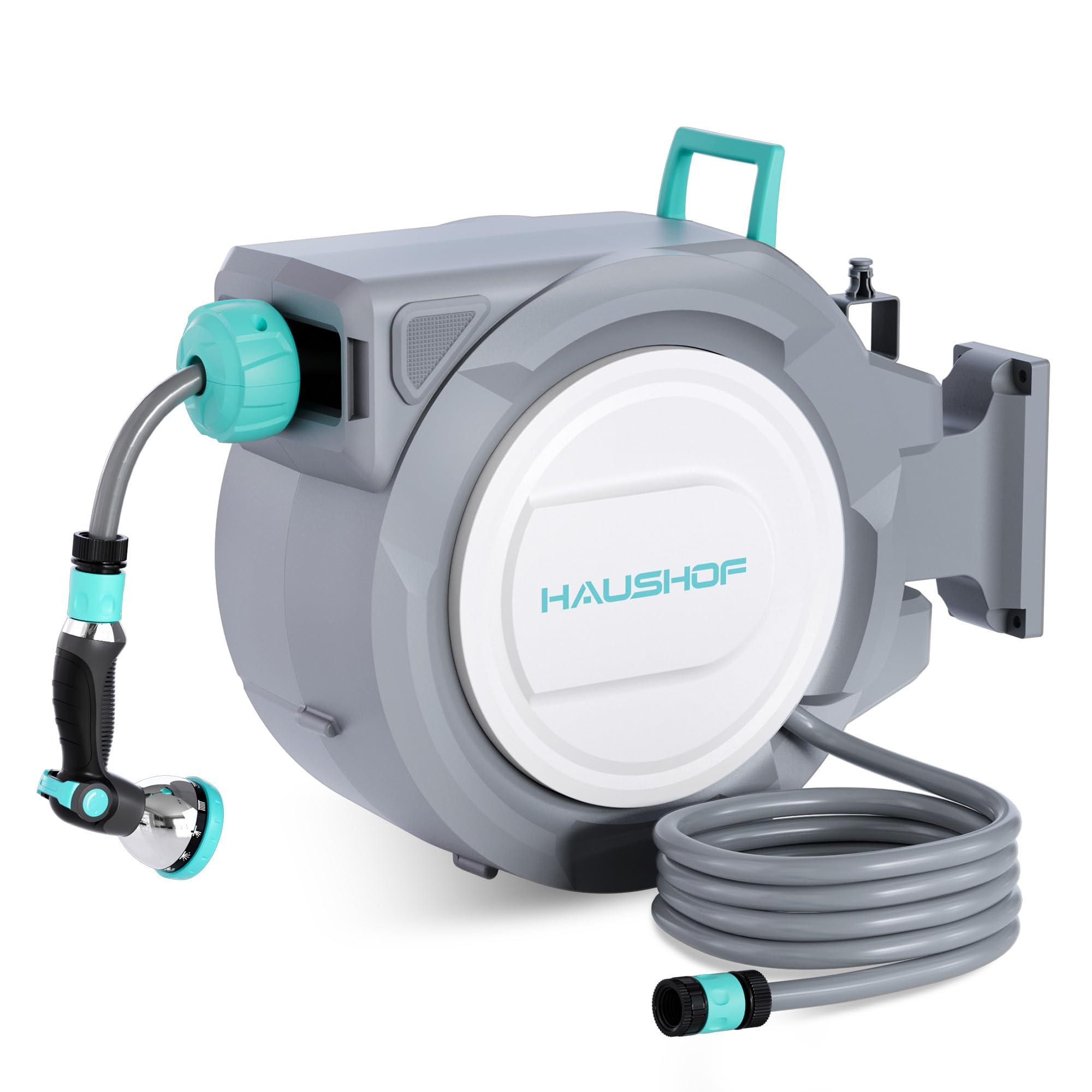 HAUSHOF Avvolgitubo da Giardino 30+2m con Supporto da Parete Girevole a 180° e 10 Modalità di Spruzzo, Box per Tubo da Giardino con Avvolgimento Automatico per Giardino e Lavaggio Auto