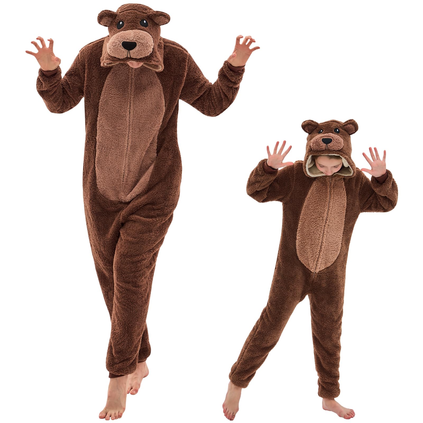 gonaap Adult Onesie Pajamas Sherpa Animal One Piece Cosplay Costume for Women Men, Brown Bear, 11-12 Years-picture-32
