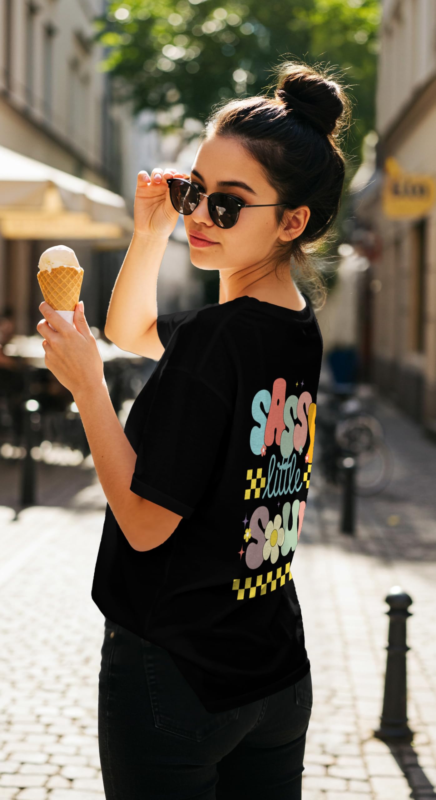 Dagcros Sassy Little Soul, maglietta oversize per ragazze, maglietta nera con stampa funky con stile grafico retrò