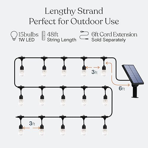 Miniatura 3 de Brightech Ambience Pro - Cadena de luces solares para exteriores, grado comercial, 48 pies, impermeables, con 15 bombillas Edison, tira de luces LED