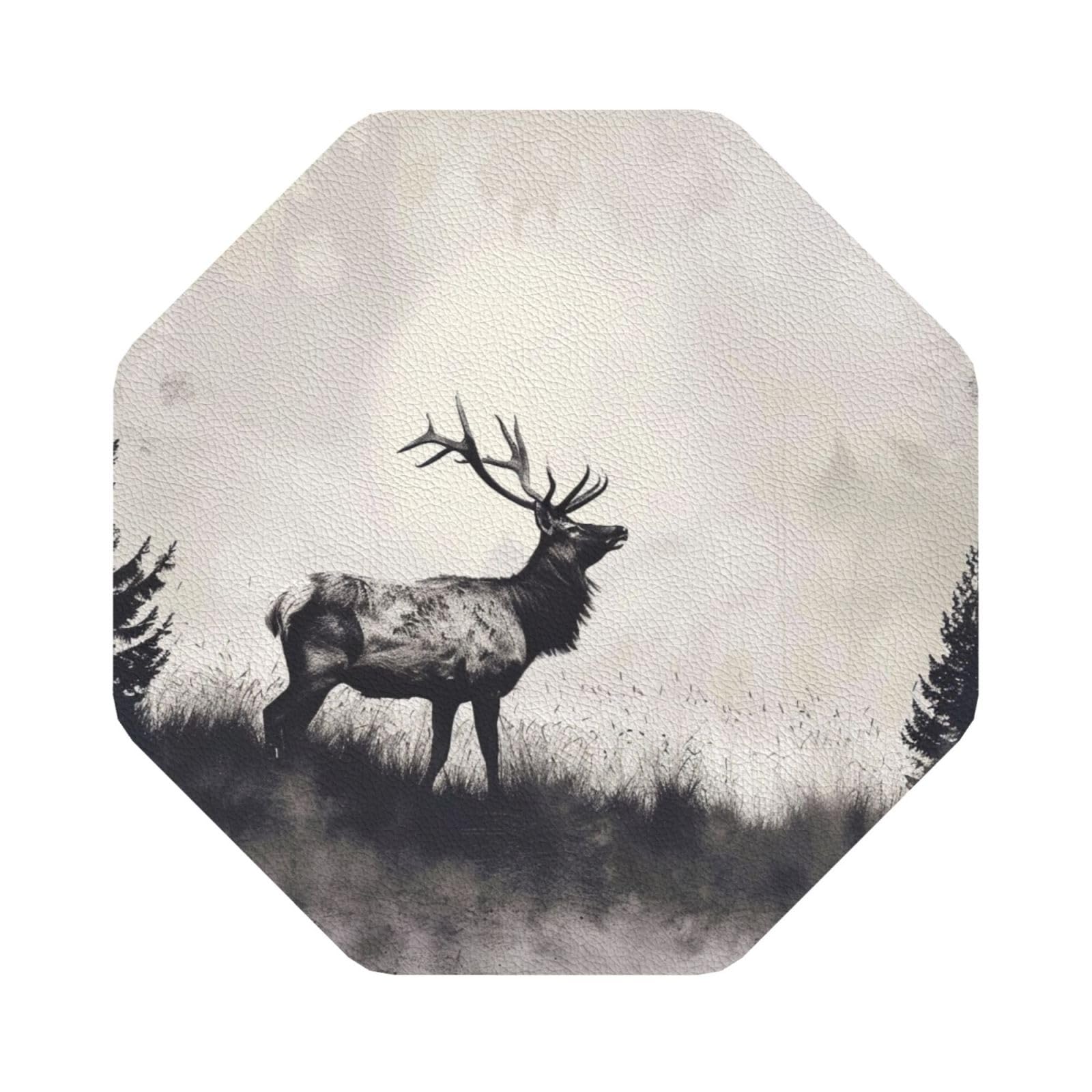 Wild Deer Print Leather Coaster Set of 6, Octagon Coasters Table Decorative Coffee Cup Beverage Coasters Wine Beer Bar Coasters for Hot Drinks Table Protection