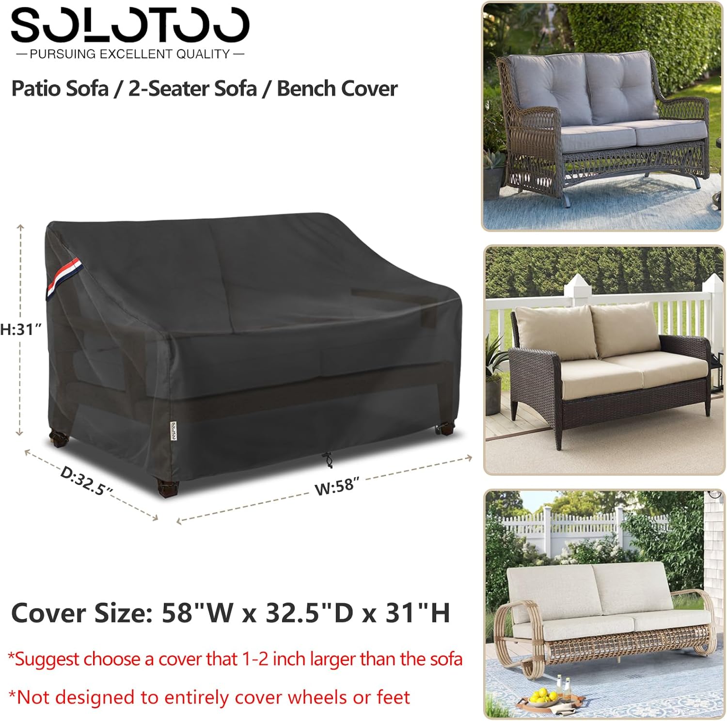 Outdoor Couch Cover Waterproof Heavy Duty Patio Furniture Covers, 58W x 32.5D x 31H Inches 2 Seater Outdoor Sofa Cover (Black)