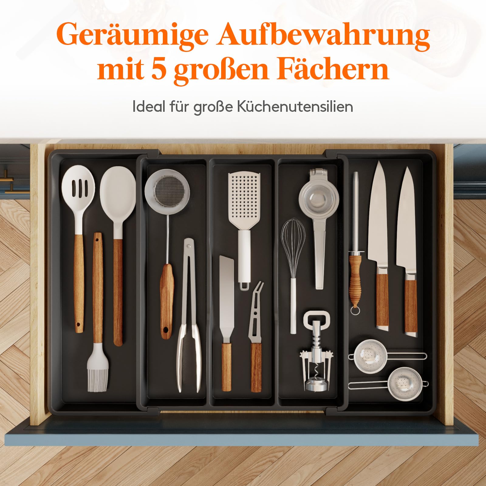 Lifewit Besteckkasten für Schubladen, Großer Utensilienständer Erweiterbar auf 69 cm, verstellbarer Kunststoff Organizer Küche Tiefe 47 cm, Besteckeinsatz für Messer/Gabel, Schwarz