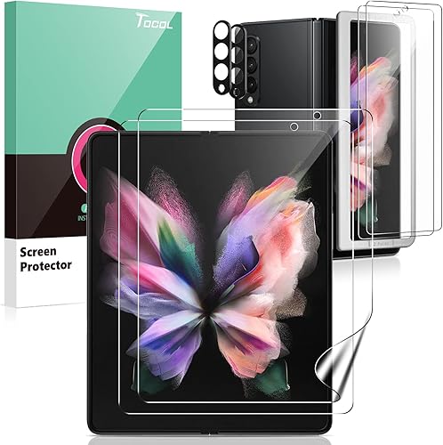 TOCOL 6 artículos diseñados para Samsung Galaxy Z Fold 3 5G, paquete de 2 protectores de pantalla de vidrio templado frontal + 2 protectores de
