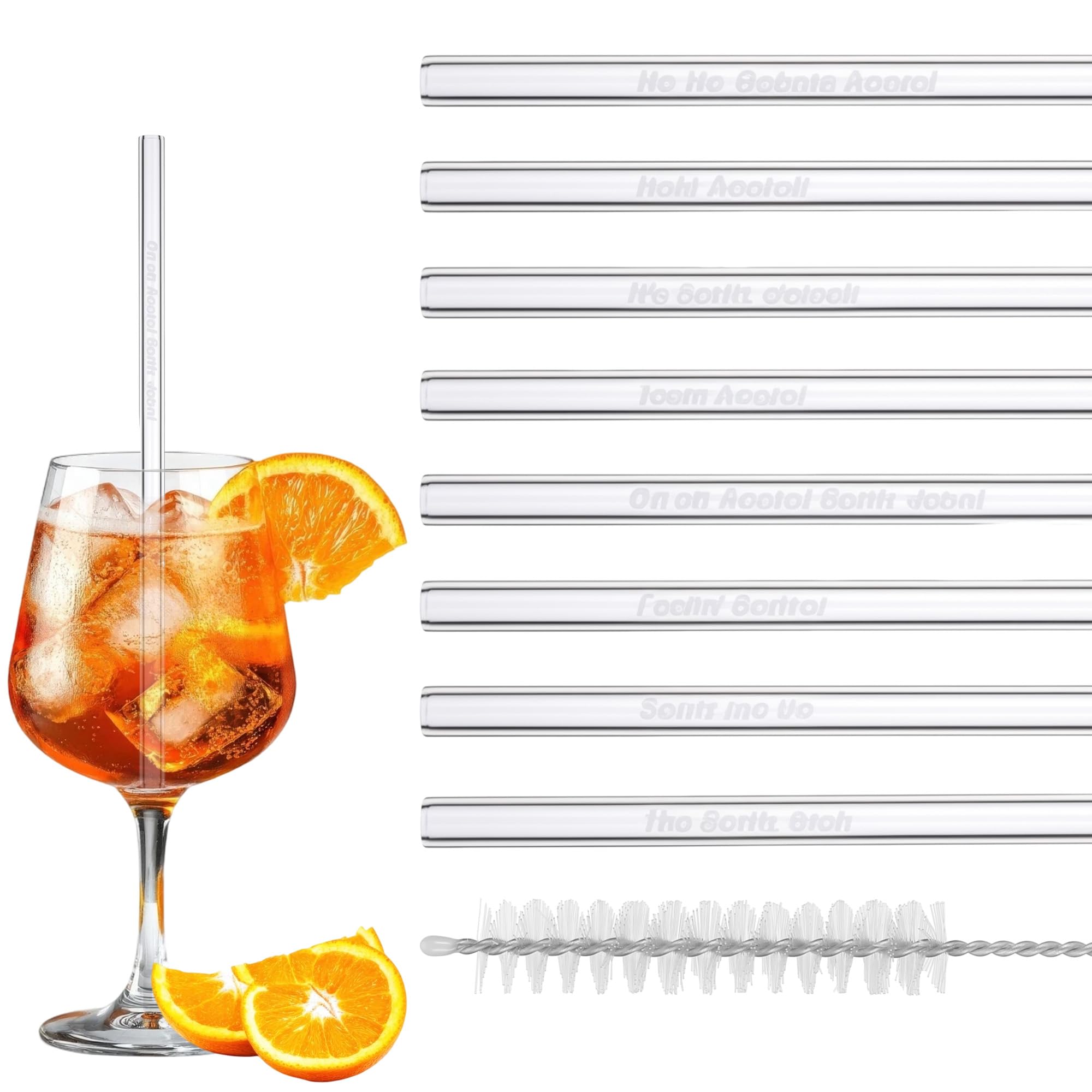Hejo Pack of 8 Glass Straws for Aperol Gift, 20 cm Reusable Glass Tubes for Aperol Spray with Brush, Heat Resistant and Cold-Resistant Glass Straw Personalised