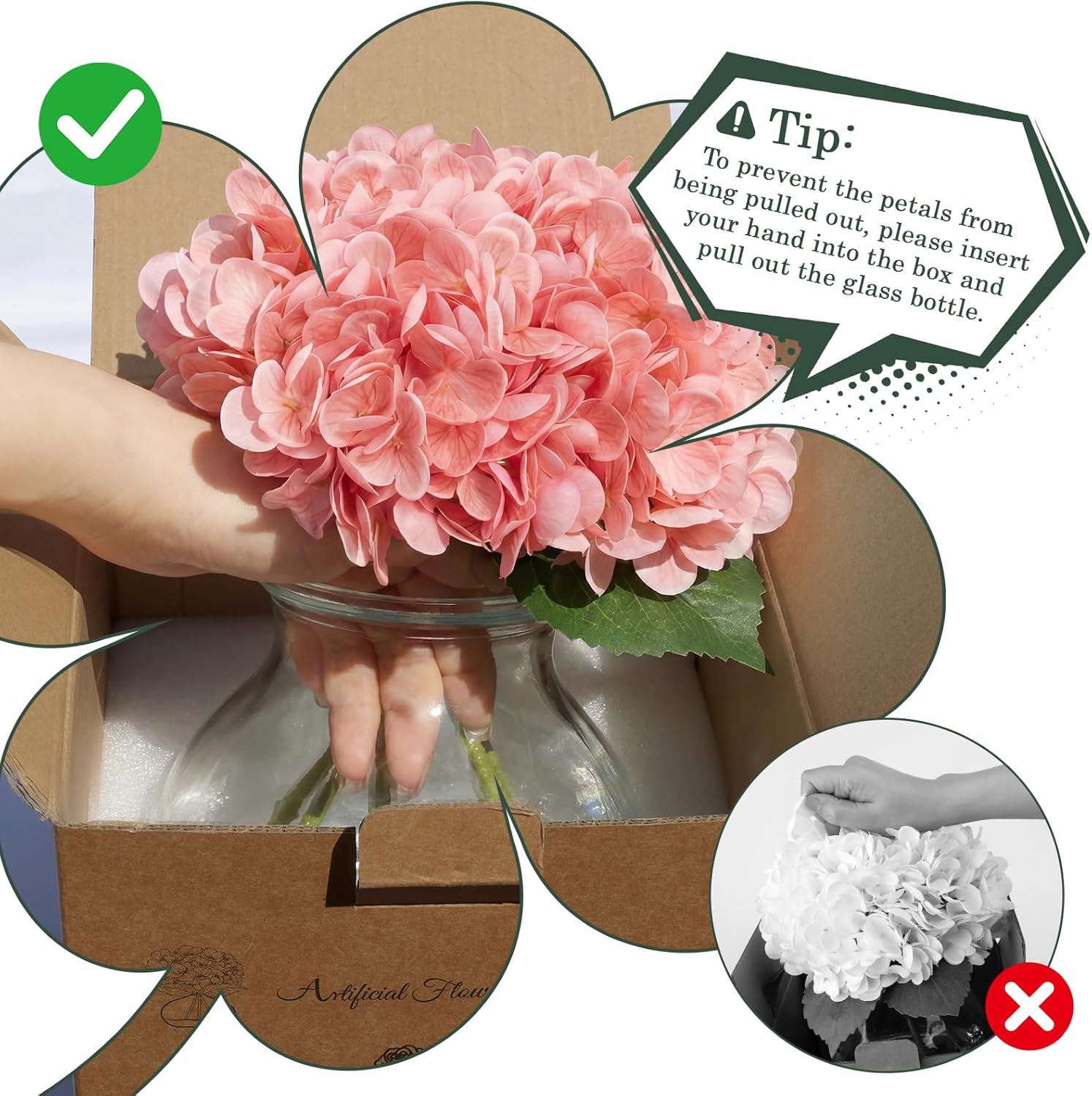 Hydrangea Artificial Flowers with Vase, Pink Silk Fake Flowers Arrangements in Glass Vase with Faux Water for Home Bathroom Office Dining Table Centerpiece Shelf Wedding Decorations, FF29, Pink - Image 7