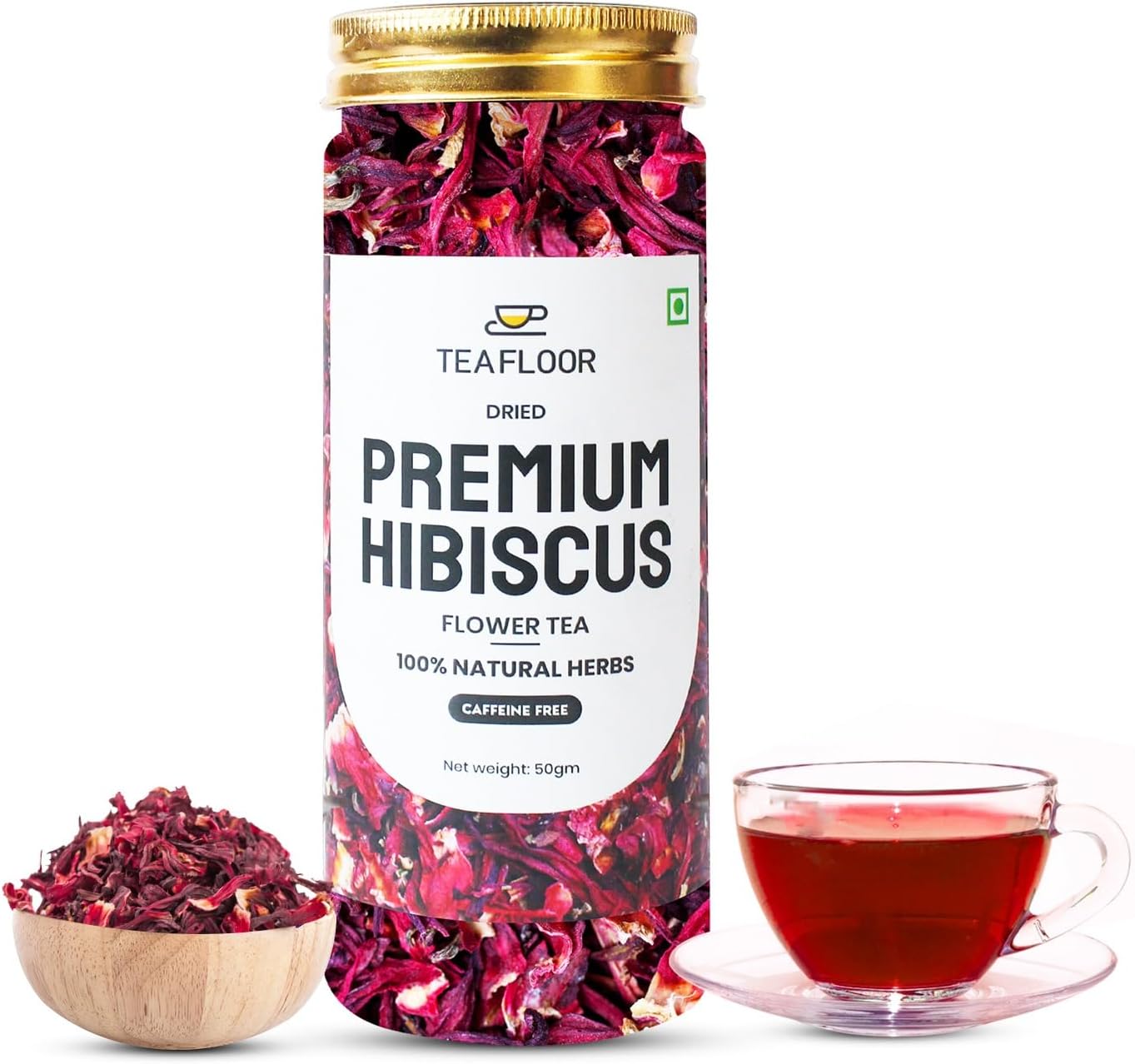 TEAFLOOR Dried Natural Hibiscus Flower Tea,Whole Flower |Caffeine Free Tea|Dried Hibiscus Flowers|Brew Hot Or Iced |Herbal Hibiscus Tea| No Small Pieces, Brew Hot Or Iced, Net Weight 50G (30+ Cups)