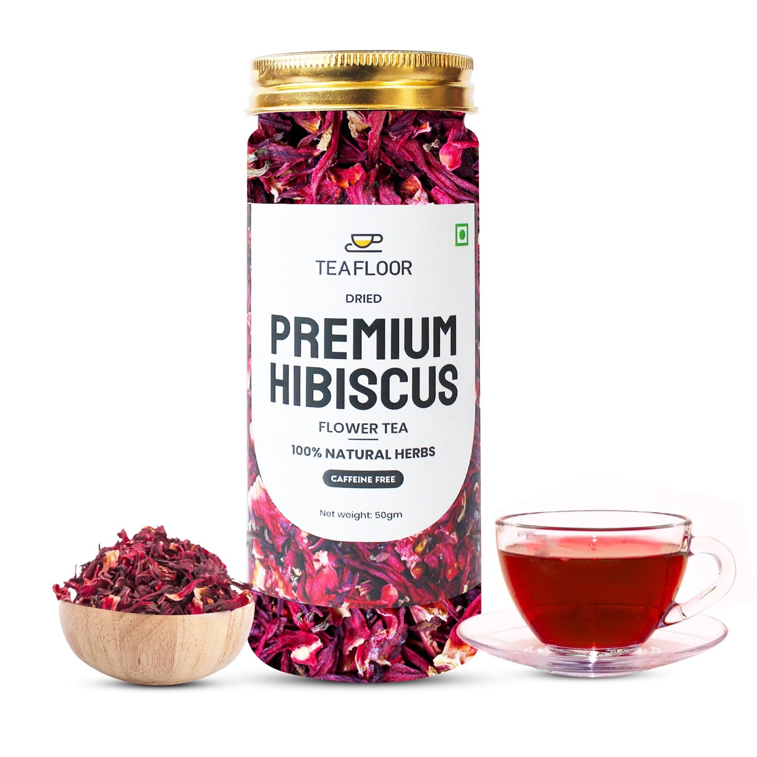 TEAFLOOR Dried Natural Hibiscus Flower Tea,Whole Flower |Caffeine Free Tea|Dried Hibiscus Flowers|Brew Hot Or Iced |Herbal Hibiscus Tea| No Small Pieces, Brew Hot Or Iced, Net Weight 50G (30+ Cups)